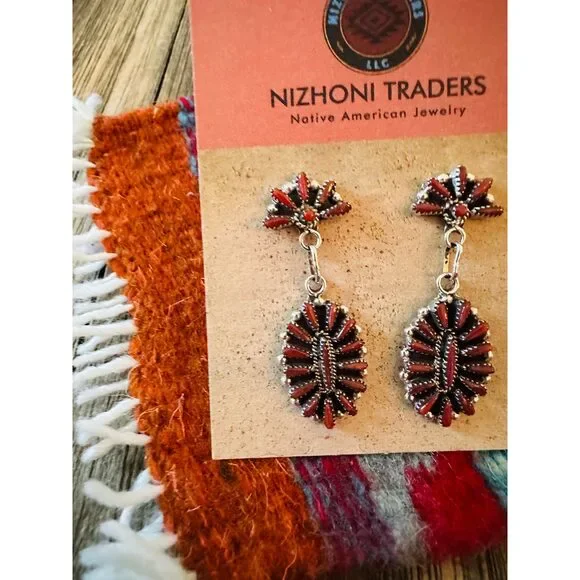 Handcrafted Coral & Sterling Silver Cluster Dangle Earrings